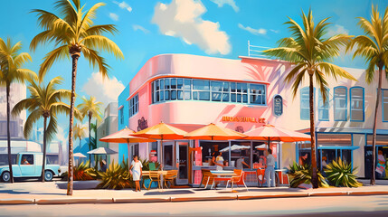 Fototapeta premium Illustration of a sunny day in an American resort town