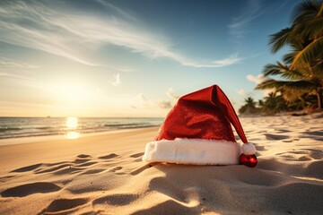 Santa Claus hat on a sandy beach with a palm tree - obrazy, fototapety, plakaty