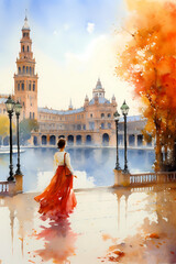 Illustration of beautiful view of the city of Sevilla, Spain - obrazy, fototapety, plakaty