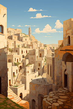 Illustration of beautiful view of Matera, Italy