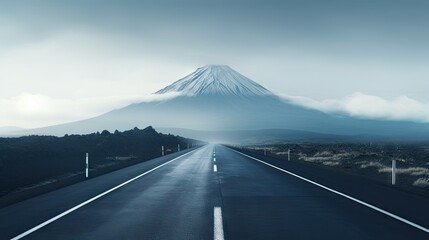  a long empty road with a mountain in the background and clouds in the sky.  generative ai