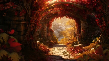 A winding trail framed by arching wild grape vines, their leaves ablaze in fiery shades, inviting a stroll through autumn's beauty.