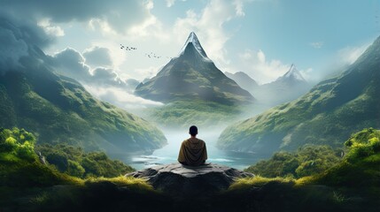  a man sitting on a rock looking at a mountain range.  generative ai - obrazy, fototapety, plakaty