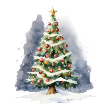 A snowy Christmas Tree, Watercolor Illustration, Handpainted Style, Isolated Transparent Background, Cutout Decoration & Events, Aquarell Painted Art, Generative AI