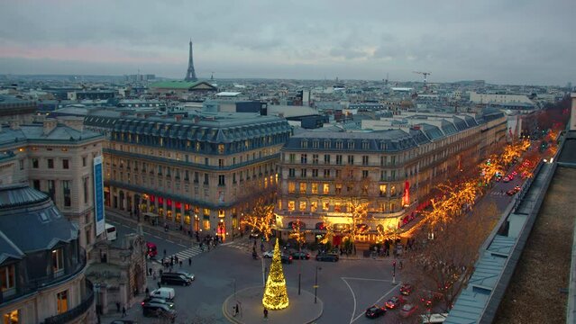 Paris, France Christmas tree illuminated at night during the Christmas season in centre Paris