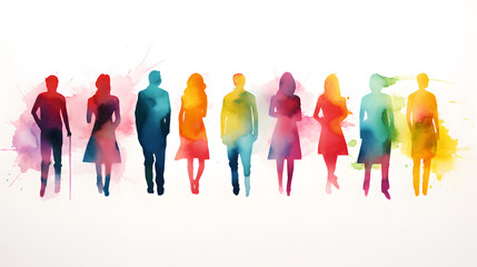 Crowd of people silhouette colorful watercolor illustration 