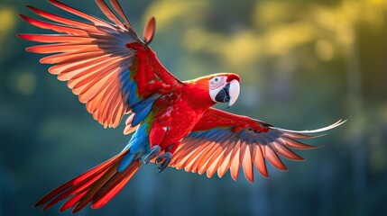  a red parrot flying through the air with its wings spread.  generative ai - obrazy, fototapety, plakaty