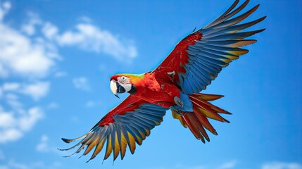  a colorful parrot flying through the air with its wings spread.  generative ai