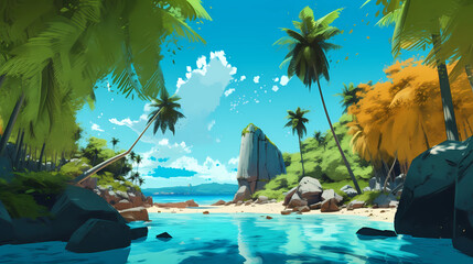 Fototapeta premium Illustration of a beautiful tropical island with a beach and palm trees