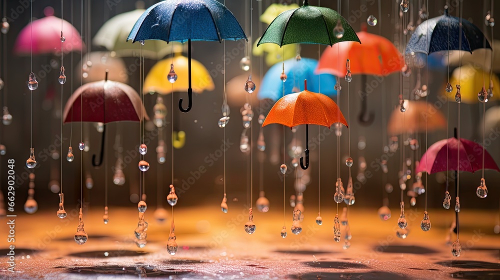 Poster a bunch of umbrellas that are floating in the air. generative ai