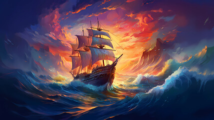 Illustration of a sailing ship in a storm