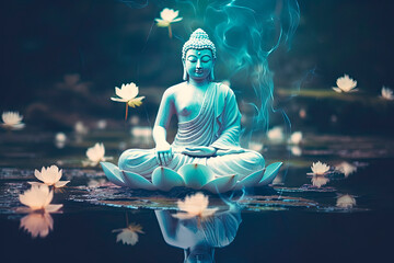 A Buddha statue sitting on top of a body of water. Generative AI - obrazy, fototapety, plakaty