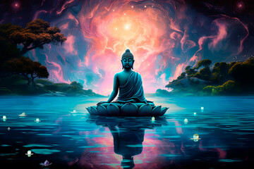 A Buddha statue sitting on top of a body of water. Generative AI