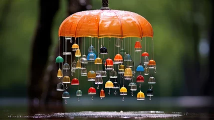 Fotobehang  an orange umbrella with a bunch of small colorful objects hanging from it.  generative ai © Olga