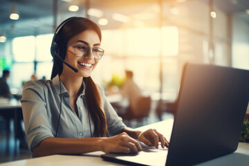 Contact us, customer service and telemarketing call center agent using her laptop and headset in the office, Portrait of a woman at our sales help desk job, smile and working to tell you about us - obrazy, fototapety, plakaty