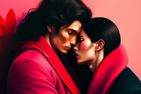 Illustration of people in a love relationship, red color of love