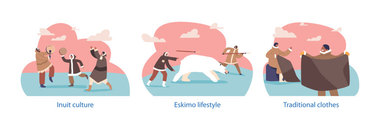 Isolated Elements With Eskimo Characters Hunting Polar Bear, Sewing, And Dancing. Inuit People Culture, Lifestyle - obrazy, fototapety, plakaty