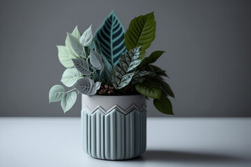 On a white table, artificial plants are in a container. in front. Text area, copy space, and mockup area. Vase in white and gray with shadow. Generative AI