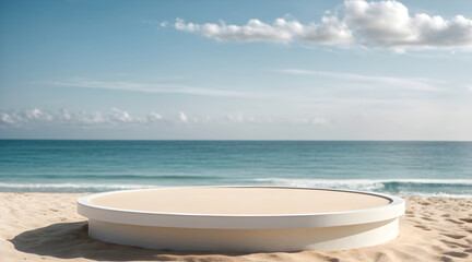 white round podium on beach with blue sea background