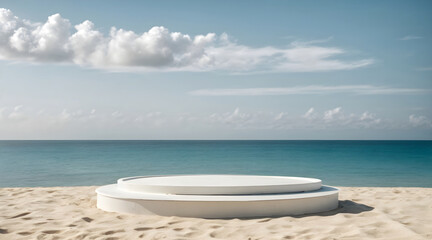 white round podium on beach with blue sea background