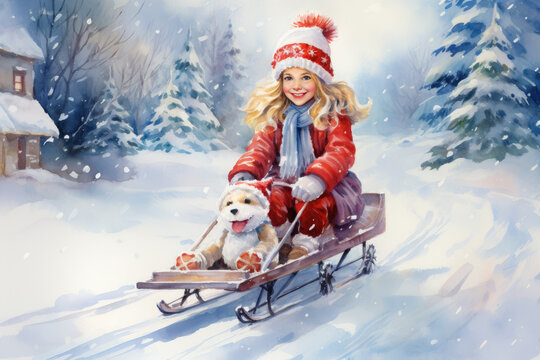 a watercolor illustration of a young girl in a red coat and hat playing sled