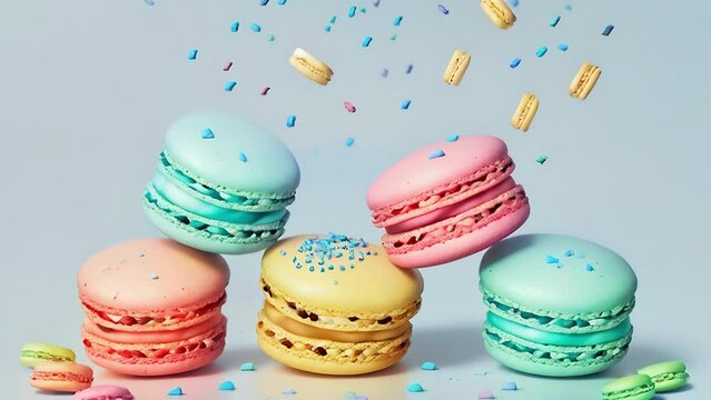 Colorful macaroons on turquoise background. Testy, healthy dessert. Colorful almond french cookies