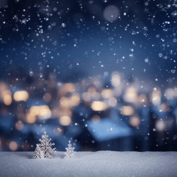 Weihnachtswinterhintergrund mit Schnee und unscharfem bokeh. Grußkarte der für frohe Weihnachten
