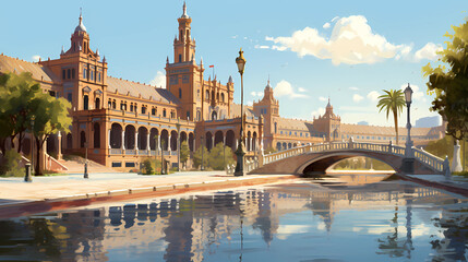 Fototapeta premium Illustration of beautiful view of the city of Sevilla, Spain