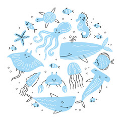 Round vector pattern with marine life, hand-drawn in the style of doodles