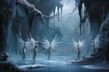Graceful frost faeries, creating intricate ice sculptures in frozen landscapes - Generative AI - obrazy, fototapety, plakaty