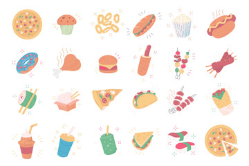 Colorful fast food flat icons set. Unhealthy food and drinks set