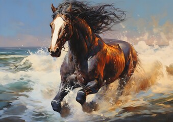 horse running deep sunny day seas equine imagery - obrazy, fototapety, plakaty