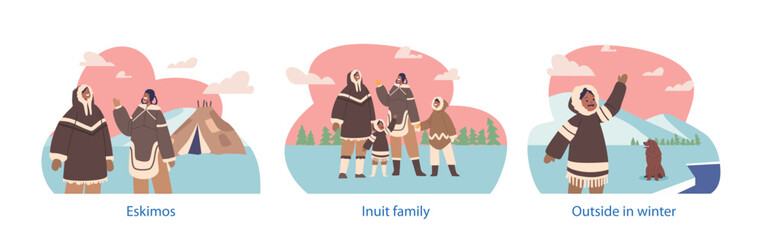 Isolated Elements with Eskimo Family Characters, Bundled In Warm Attire and Dog, Stands By Their Traditional Yurt