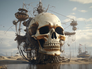 Halloween steampunk style skull with ships illustration, pirate theme created with Generative AI technology