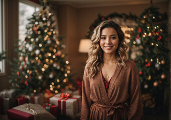 A radiant, cheerful blonde woman standing in front of a beautifully adorned Christmas tree in a decorated living room.