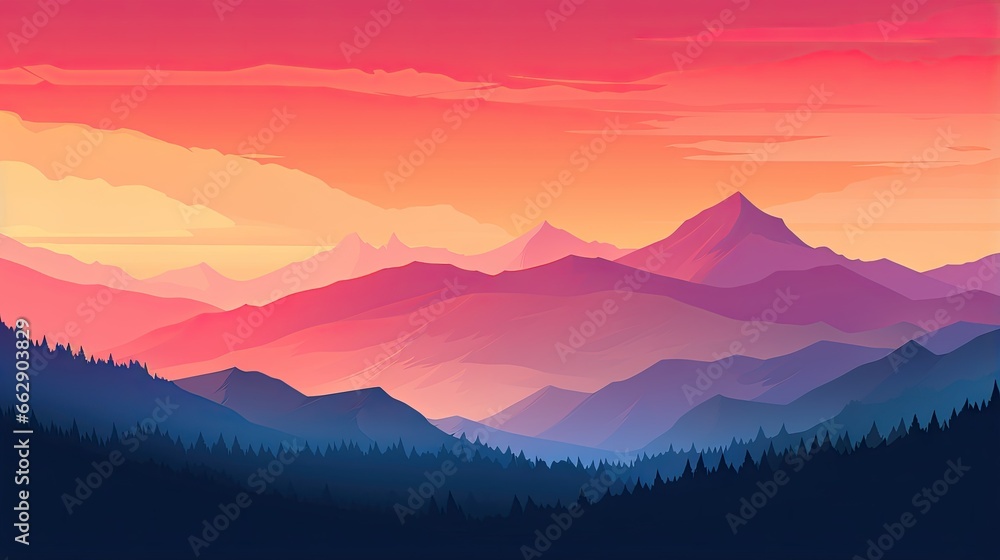 Poster a mountain landscape with a sunset in the background and trees in the foreground. generative ai