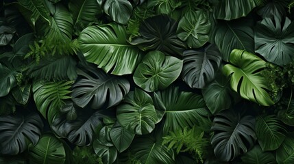 A collection of various tropical leaves artistically arranged, creating a visually striking and dynamic composition.