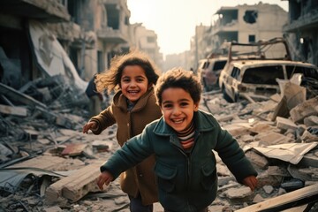 
Small children, a brother and sister of oriental appearance, play with each other in a city destroyed after the war.
