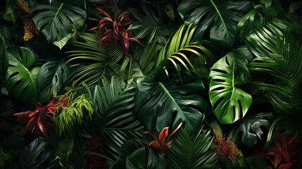 Fototapeta na wymiar A collection of various tropical leaves artistically arranged, creating a visually striking and dynamic composition.