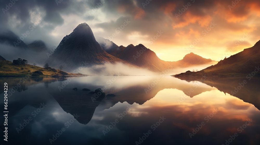 Poster a mountain range is reflected in a lake at sunset with clouds in the sky. generative ai