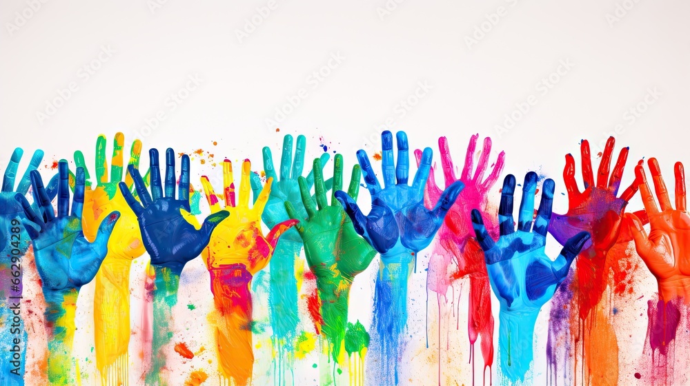Poster  a group of hands painted in different colors of different colors.  generative ai