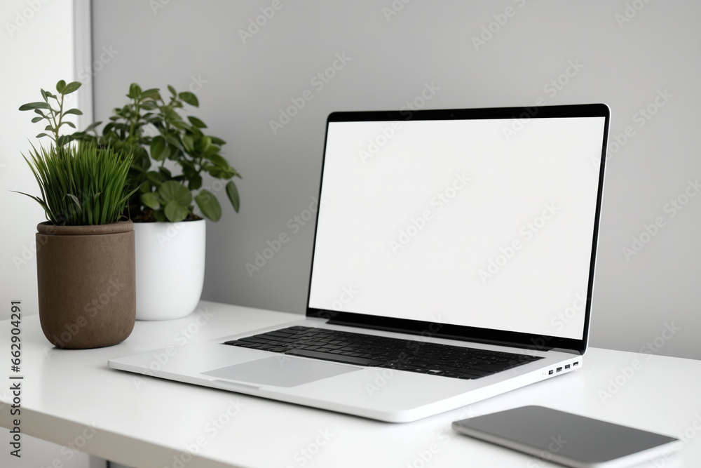 Poster conceptual laptop workplace for the home and office. front view of a laptop computer on a work table