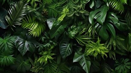 A collection of various tropical leaves artistically arranged, creating a visually striking and dynamic composition. - obrazy, fototapety, plakaty