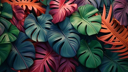 A collection of various tropical leaves artistically arranged, creating a visually striking and...
