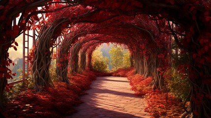 A contemplative path lined with wild grape-covered trellises, their red leaves creating an...