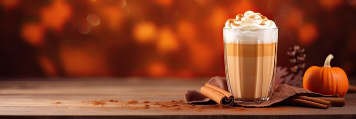 Pumpkin spice latte - spiced pumpkin latte - coffee with the addition of pumpkin syrup and spices. On an orange background.