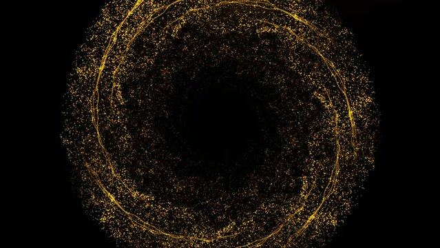 gold particles abstract background with golden shining stars dust bokeh glitter awards dust. Futuristic glittering fly movement flickering loop in space on black background.