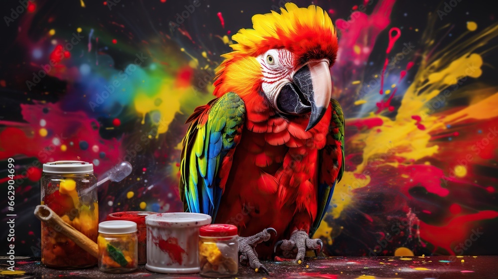 Poster a colorful parrot sitting on top of a table next to paint. generative ai