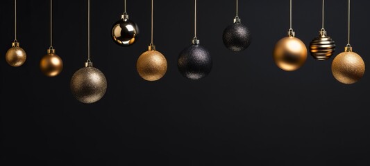 Christmas celebration decoration holiday banner template greeting card - Group of hanging gold black christmas baubles balls ornaments on black background wall texture - obrazy, fototapety, plakaty