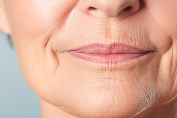 Fototapeta premium Close up of a mature woman's face with skin texture wrinkles. Cosmetic procedures for aging skin skin body care healthy lifestyle concept
